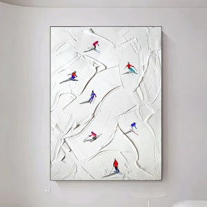 Original Ski Sport Painting on Canvas Custom Painting Texture Wall Art Personalized Gift Skier on Snowy Mountain Art White Snow Skiing Art