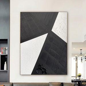 Blanco Wabi Sabi pared arte negro blanco pintura abstracta grande negro minimalista pared arte blanco texturizado lienzo pintura neutral decoración de la pared