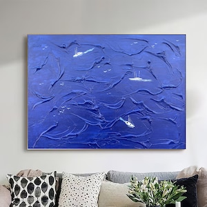 Spiaggia per famiglie, arte costiera orizzontale di grande oceano blu, pittura acrilica di grandi dimensioni sulla spiaggia, arte murale moderna con struttura spessa dell&#39;oceano dipinta a mano