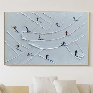 Original Ski Sport Painting on Canvas Custom Painting Texture Wall Art Personalized Gift Skier on Snowy Mountain Art White Snow Skiing Art