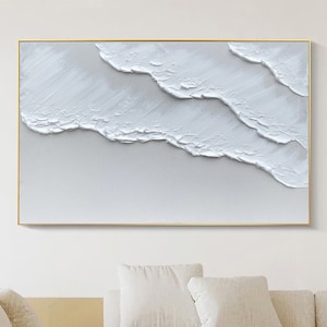 3D White Minimalist Beach Painting Textured Wall Art Ocean Wave Painting on Canvas Wabi-Sabi Wall Art Living Room Painting Fashion Decor