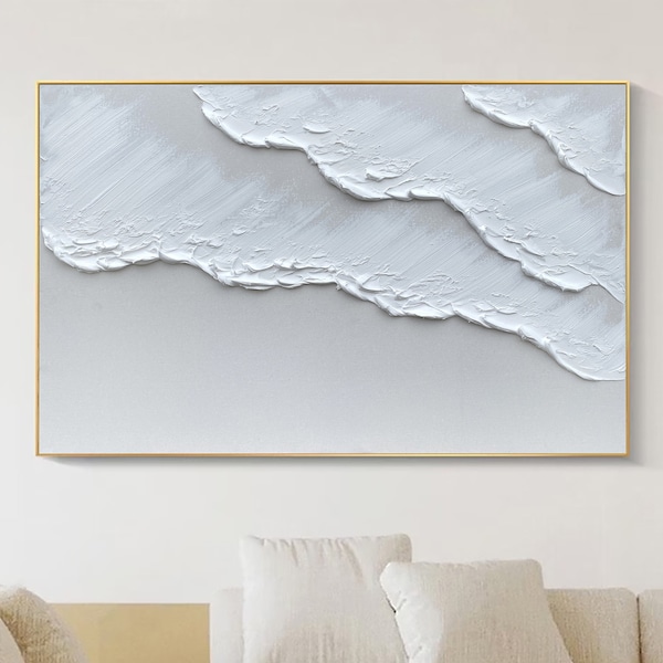 3D White Minimalist Beach Painting Textured Wall Art Ocean Wave Painting on Canvas Wabi-Sabi Wall Art Living Room Painting Fashion Decor