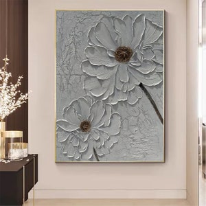 Abstract Flower Oil Painting On Canvas, Large Wall Art, Minimalist White Floral Art, Custom Painting Neutral Living Room Decor Gift for Her