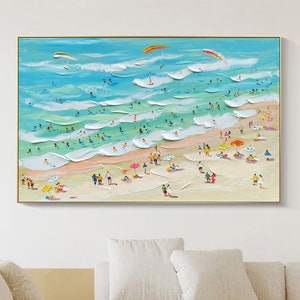 Happy Coast Painting Swimming Painting Custom Painting Texture Wall Art Personalized Gift Summer Art Costal Art Crowds on the Shore Painting