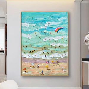 Large Happy Coast Painting Swimming Painting Texture Wall Art Personalized Gift Summer Art Costal Art Crowds on the Shore Painting