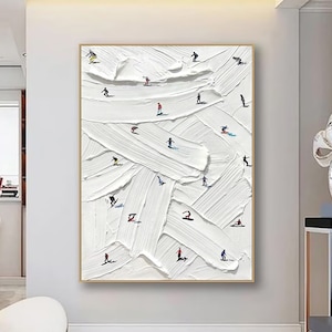 Original Ski Sport Painting on Canvas Custom Painting Texture Wall Art Personalized Gift Skier on Snowy Mountain Art White Snow Skiing Art