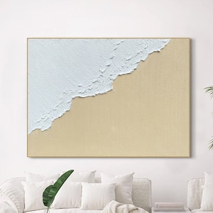 3D White Minimalist Beach Painting Textured Wall Art Ocean Wave Painting on Canvas Wabi-Sabi Wall Art Living Room Painting Fashion Decor