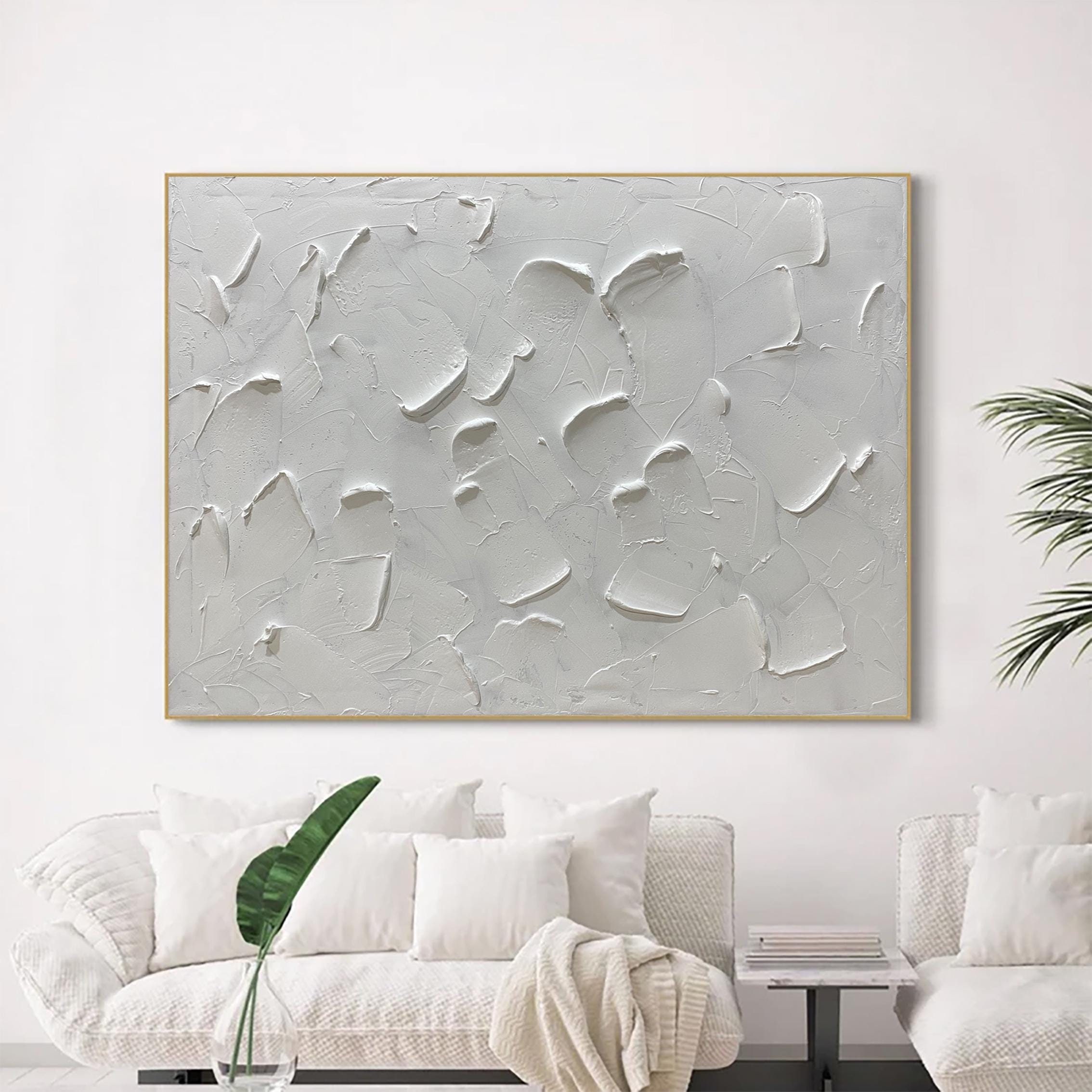 Original 3D weiße Malerei auf Leinwand eingerahmt Gips Stil texturierte Wandkunst Wabi-Sabi weiße Wandkunst Wohnzimmer Dekor Boho moderne Leinwand
