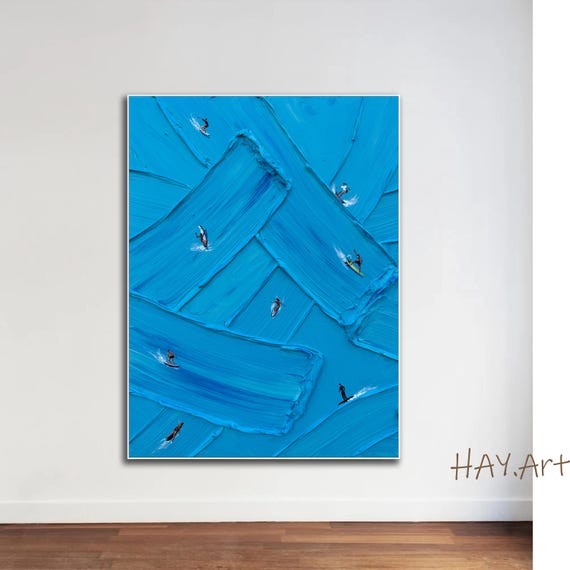Large 3D Surfing Painting, Blue Palette Knife Texture Art, Modernist Wall Decor