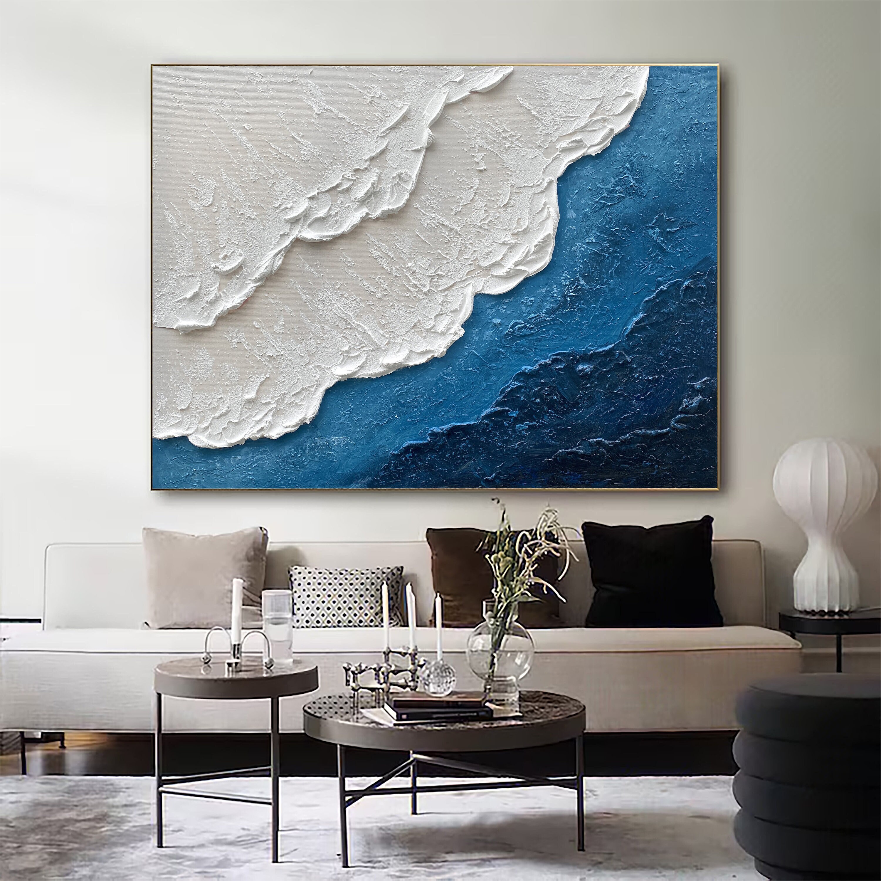 3D Minimalist Blue Ocean Painting on Canvas Earth Tone Waves Art ...