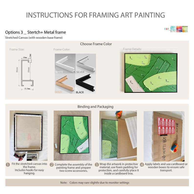 Puede incluir: Una gu&iacute;a de instrucciones para enmarcar pinturas, con un perfil de marco met&aacute;lico de 35mm por 15,9mm. Muestra cuatro opciones de color de marco: blanco, plata, oro y negro, junto con un proceso de montaje y embalaje de cuatro pasos.