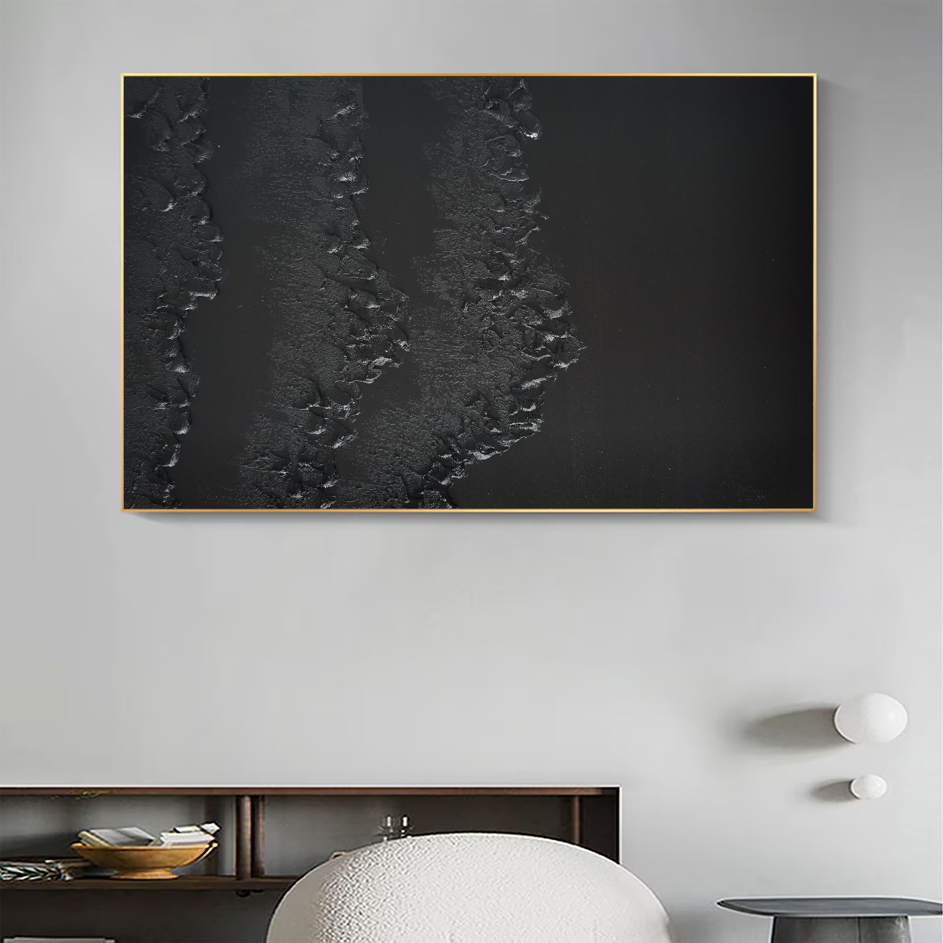 Large Black Plaster Wall Art Black Abstract Wave Painting Black 3D ...