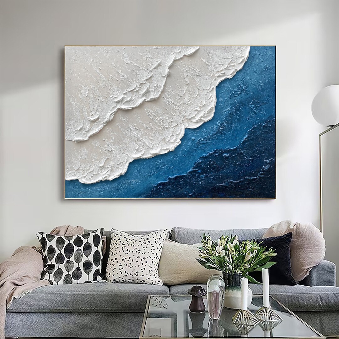 3D Minimalist Blue Ocean Painting on Canvas Earth Tone Waves Art ...