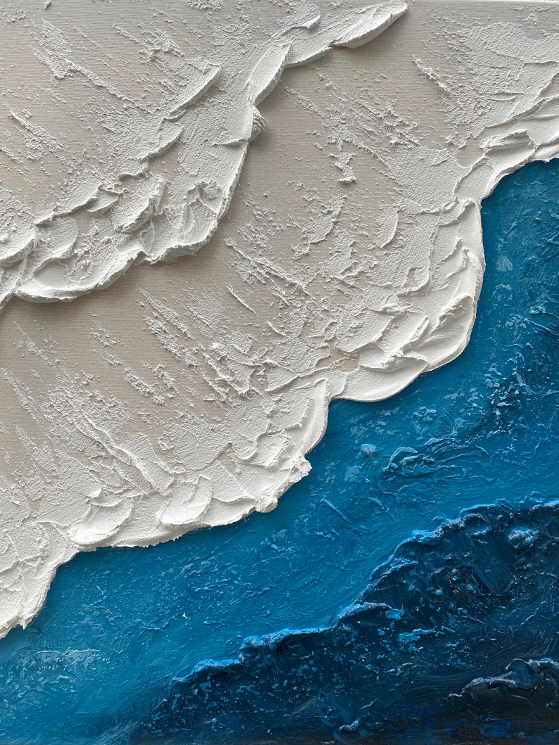 3D Minimalist Blue Ocean Painting on Canvas Earth Tone Waves Art ...