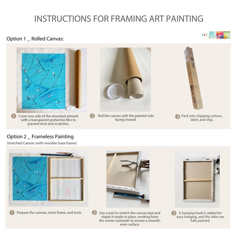 Op de afbeelding: Een instructiegrafiek getiteld INSTRUCTIONS FOR FRAMING ART PAINTING. Het toont twee methoden: Optie 1 voor opgerold canvas met beschermfolie en kokers, en Optie 2 voor opgespannen canvas met een houten frame, nietjes en ophanghaken.