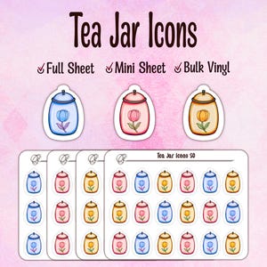 May include: A collection of tea jar icons featuring three individual stickers in blue, pink, and yellow with floral designs. Below, four sticker sheets are displayed, each containing multiple rows of these tea jar icons with the text Tea Jar Icons S0.