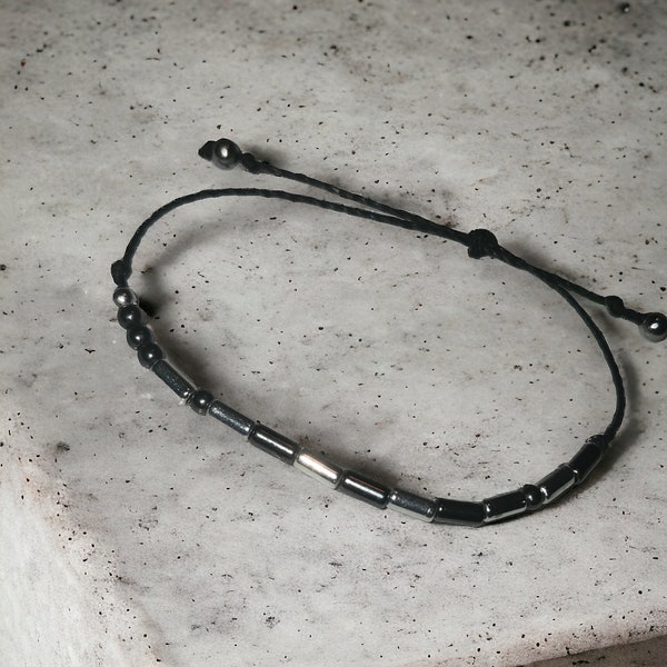 Customizable unisex morse code silver and metallic gray beaded adjustable bracelet