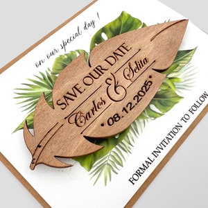 Save The Date Magnet , Rustikales Holzblatt Hochzeitseinladung | Holzblatt-Einladungen | Einladungs-Set aus Holz |