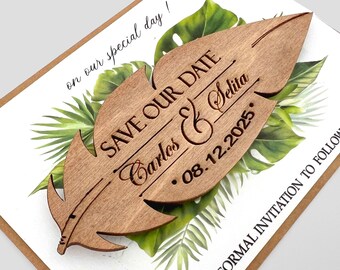 Save The Date Magnet , Rustic Wooden Leaf Wedding Invitation | Wooden Leaf Invitations | Wooden Invitation Set | Rustic Wedding Invitations