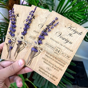 Set di inviti per matrimonio, Lavanda - Eucalipto - Matrimonio rustico, Set di inviti in legno - Modello, Rustico. Invito in legno