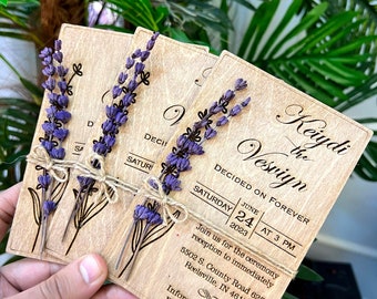 Wedding Invitation Wood, 100% Birch Wooden Cards , Lavender - Eucalyptus Rustic Wedding Invitation, Wooden Invitation Set - Save The Dates