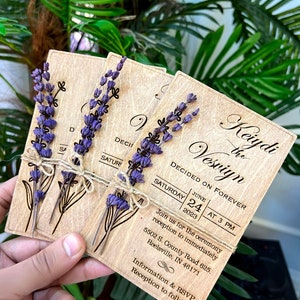 Wedding Invitation Wood, 100% Birch Wooden Cards , Lavender - Eucalyptus Rustic Wedding Invitation, Wooden Invitation Set - Save The Dates