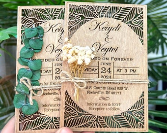 Wooden Wedding Invitation Tropical - Eucalyptus | Wooden Invitations - Beach Weddings - Wooden Invitation Set - Save The Date