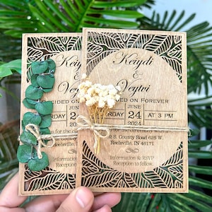 Wooden Wedding Invitation Tropical - Eucalyptus | Wooden Invitations - Beach Weddings - Wooden Invitation Set - Save The Date