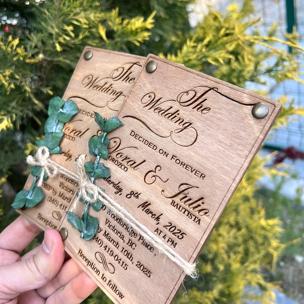 Wedding Invitation & Gypsophila Card - Flower Eucalyptus Wedding Invitation - 100% Birch Wood Cards, Envelope and Sticker