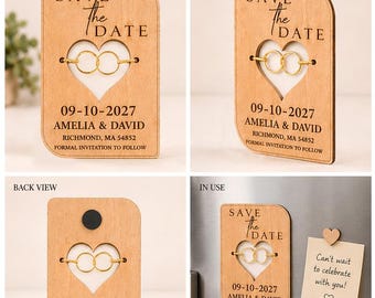 Save the Date Brass Rings Magnet Cards | Modern Rustic Wooden Wedding Invitation Brass Rings , Magnets Template
