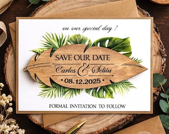 Rustieke houten magneet blad met bewaardatum – Gepersonaliseerde magneet trouwdatum – Botanisch groen huwelijksbedankje