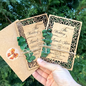Wedding Invitation - Gypsophila & Floral Wooden Wedding Invitations , Cards | Wooden Invitation Set | Lavender - Eucalyptus. Rustic