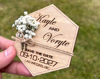 Rustic Wooden | Save The Date Magnet | Personalized Wedding | Announcement with Calendar Hexagon Floral Wedding Favors Magnetic & Gypsophila