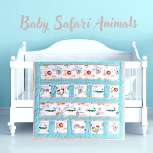 Safari Animals Baby Quilt,  Baby boy or Baby girl Shower Gift, Jungle Friends Baby Quilt, Jungle Safari Nursery Decor, Custom Gift