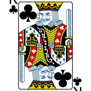 May include: Playing card depicting the King of Clubs. The card has a white background with a detailed illustration of a king in a yellow, red, and black outfit, holding a sword. The card also displays the suit symbol and the letter "K".