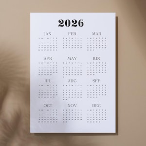 2026 Printable Calendar, Full Year Single Page, PDF Download, Desk or Wall Calendar, Clean Minimalist Planner Year 2026 Planner Page CA07