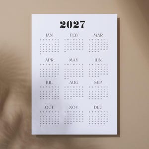 2027 Printable Calendar, Full Year Single Page, PDF Download, Desk or Wall Calendar, Clean Minimalist Planner Year 2027 Planner Page CA08