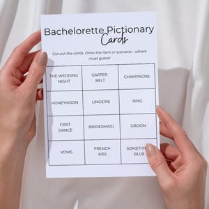 Jeu de société amusant de cartes pictionary enterrement de vie de jeune fille, jeu pour adulte douche nuptiale imprimable PDF, voyage fille nuit pour femmes téléchargement immédiat G01-15