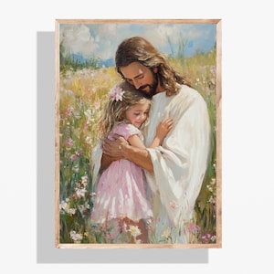 Jesus Hugging Girl LDS Print, Baptism Gift for Girls, Savior and Child Wall Art, Confirmation Day Artwork, Faith-Based Christian Poster P381