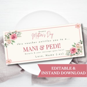 Modello di buono regalo SPA per manicure e pedicure per la festa della mamma, buono regalo modificabile per te stesso, buono benessere per la mamma, regalo dell'ultimo minuto