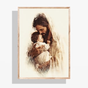 Jesus and Baby Watercolor Download, Christian Baby Shower Gift, Christ Holding Newborn, Nursery Baptism Print, LDS Blessing Art LDS P301