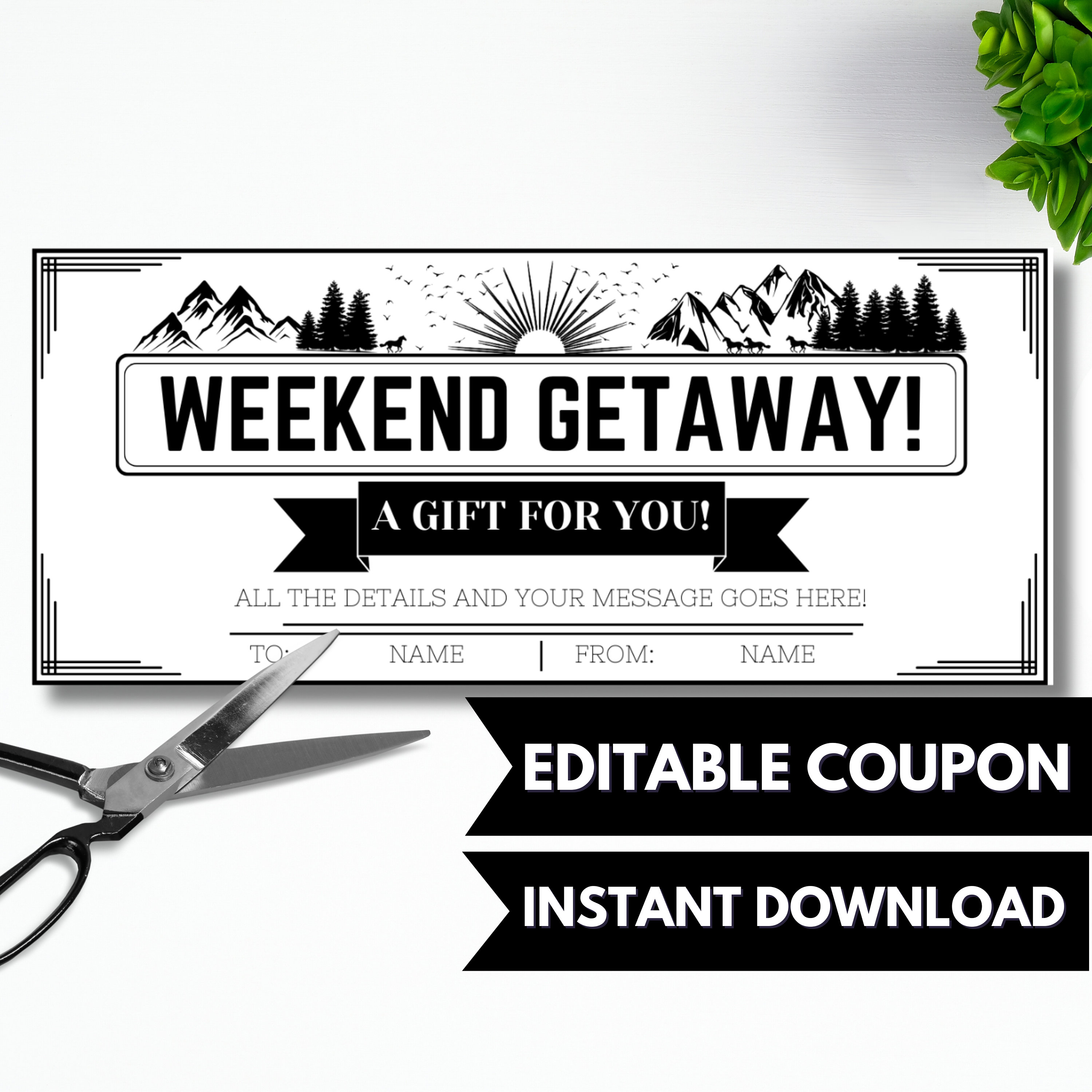 Printable Weekend Getaway Voucher Template, Travel Voucher, Trip