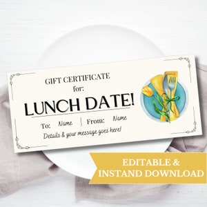 Bewerkbare sjabloon lunchdatum cadeaubon, romantische maaltijdvoucher afdrukbaar, restaurantcadeaubon, idee voor date-avond, last-minute cadeau 124