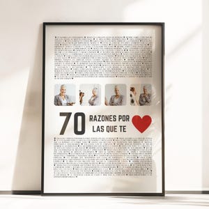 Regalo 70 Cumpleaños Mujer Hombre, Regalo Personalizado Mamá Papá, Póster 70 Razones Amor, Ideas Originales 70 Años Cumplidos P149