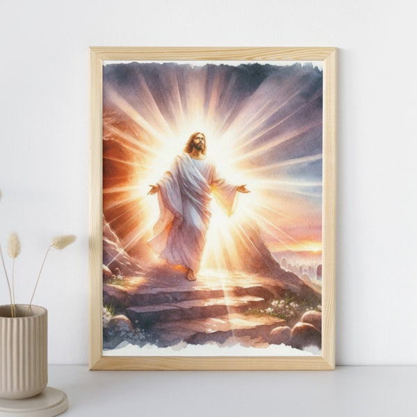 Jesus Christ Art Print Watercolor, He Is Risen, Resurrected Christ Easter Print, Jesus Picture, Faith Over Fear, Christian Artwork I48