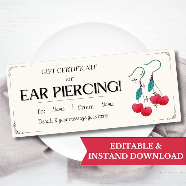 Ear Piercing Gift Certificate Template, Surprise Birthday Printable Voucher, Editable Coupon For Teen Tween Teenager, Last Minute Gift