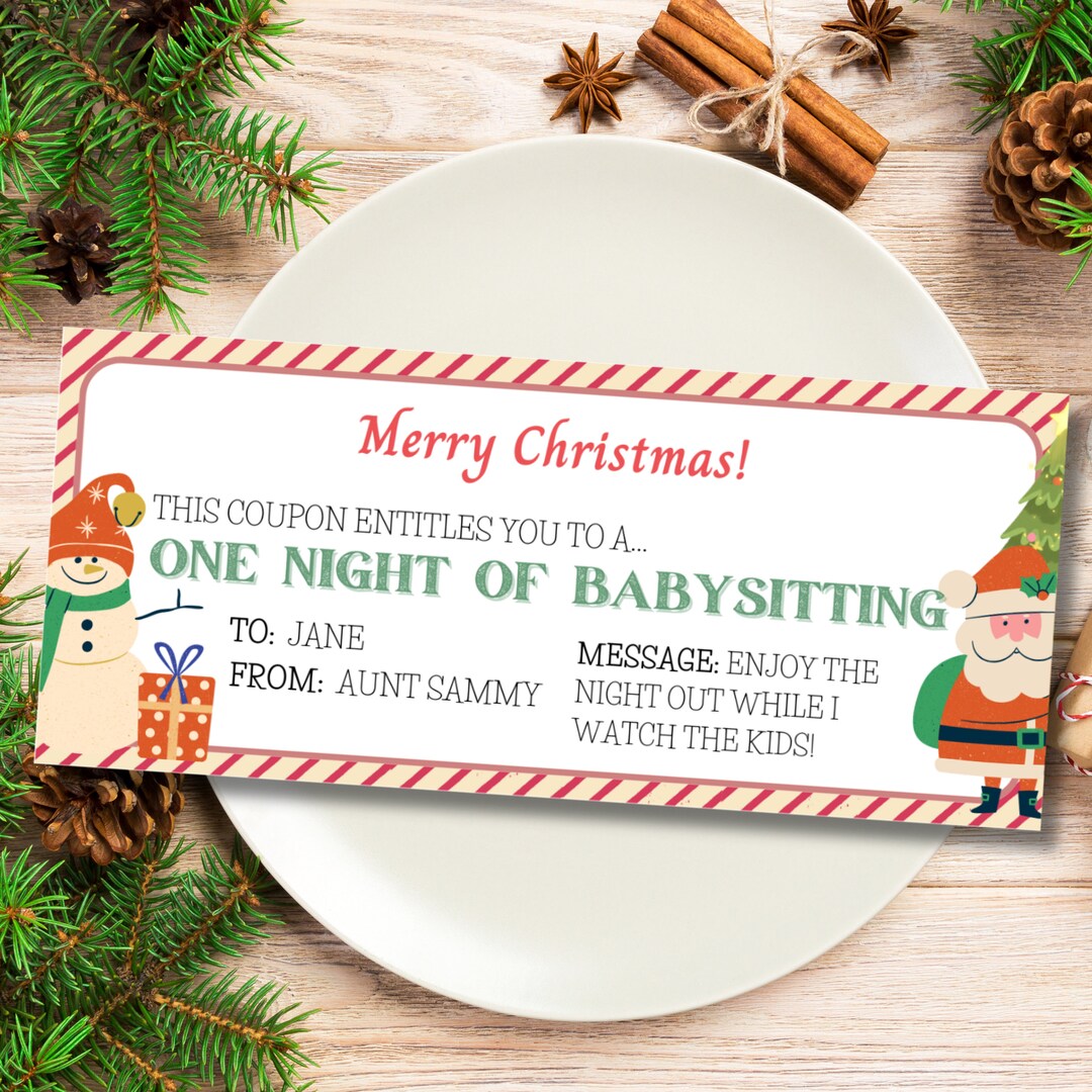 Printable Christmas Babysitting Gift Coupon Christmas Etsy