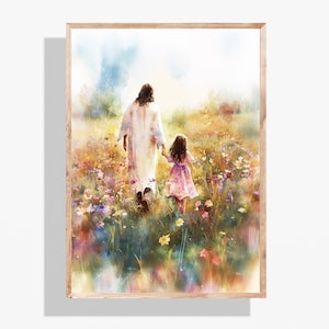 Niña y Jesús en un prado de flores, arte mural para guardería SUD, regalo cristiano imprimible, recuerdo de bautismo y confirmación para niñas pequeñas, P397