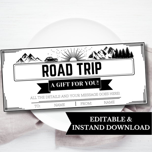 Road trip ticket template, surprise trip custom coupon template, roadtrip certificate template, printable voucher, birthday gift certificate