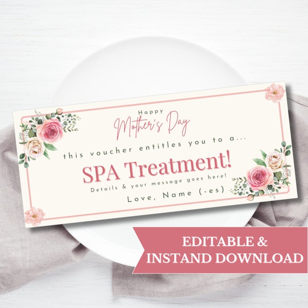 Mother's Day SPA Treatment Gift Coupon Template Editable, SPA Gift Certificate For Mom, SPA Gift For Her Printable Voucher, Last Minute Gift